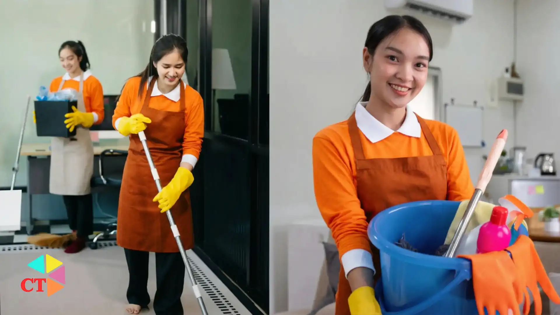 Corporate cleaning team maintaining a hygienic commercial workspace